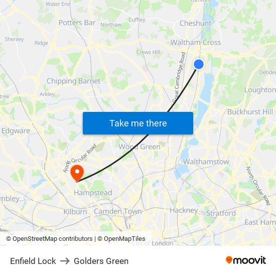 Enfield Lock to Golders Green map