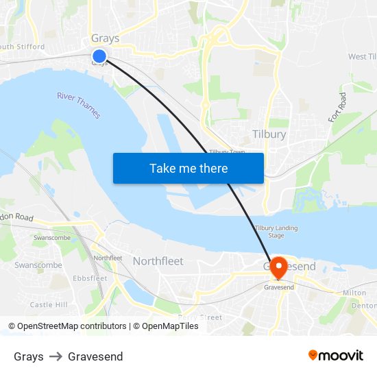 Grays to Gravesend map