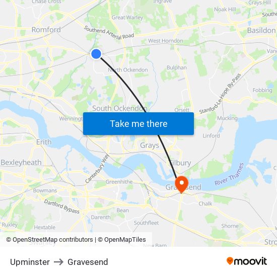 Upminster to Gravesend map