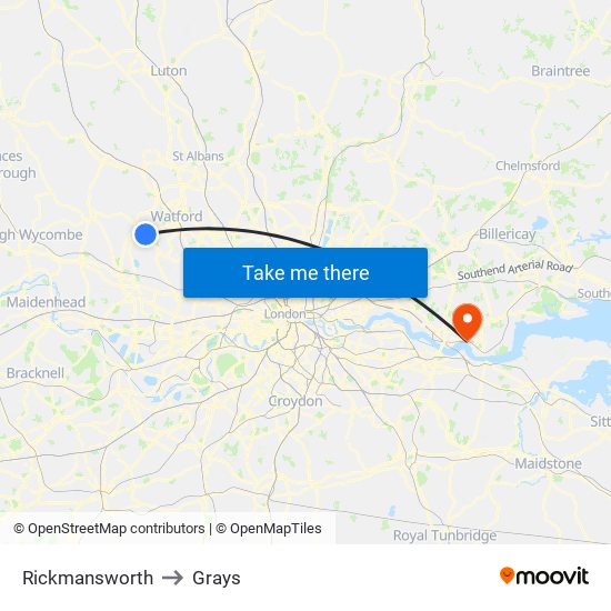 Rickmansworth to Grays map