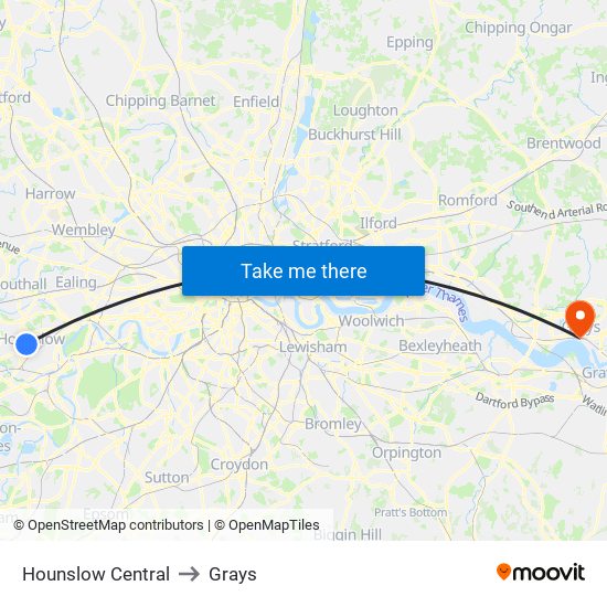 Hounslow Central to Grays map