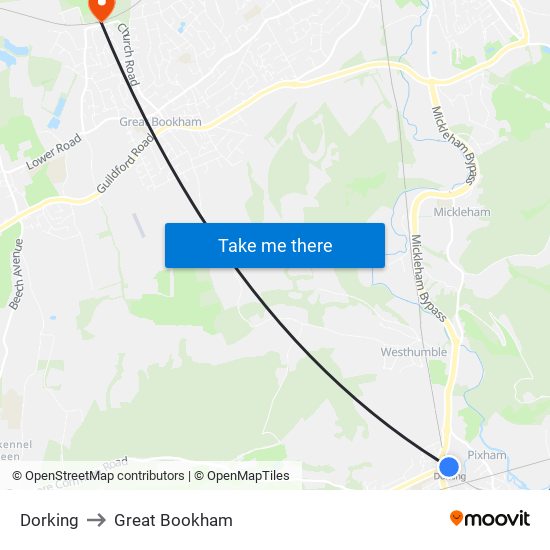 Dorking to Great Bookham map