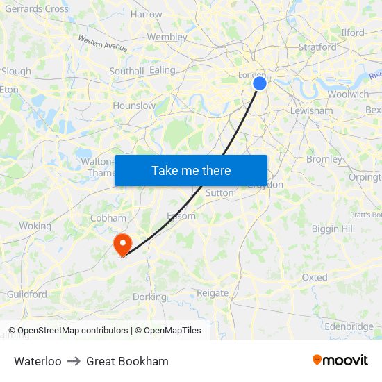 Waterloo to Great Bookham map