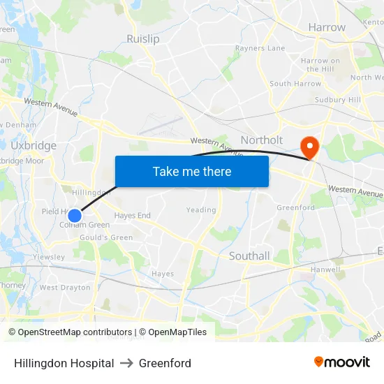 Hillingdon Hospital to Greenford map