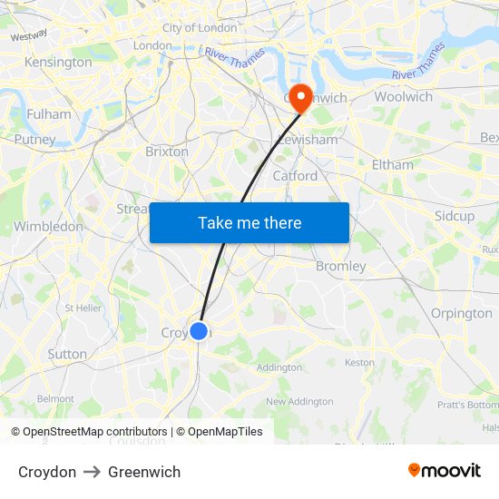 Croydon to Greenwich map