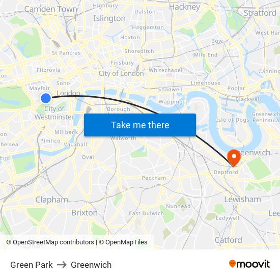 Green Park to Greenwich map