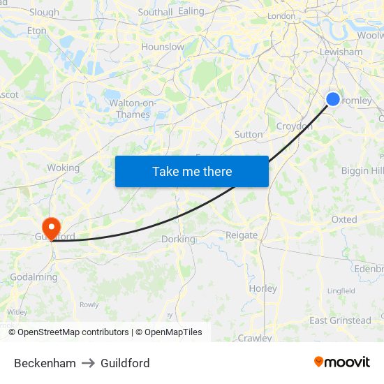 Beckenham to Guildford map