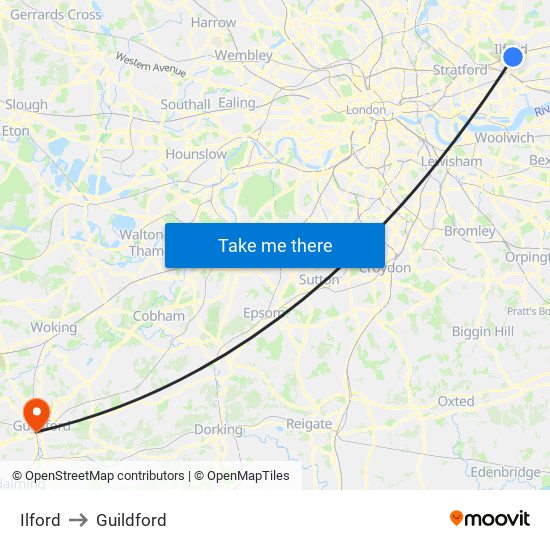 Ilford to Guildford map