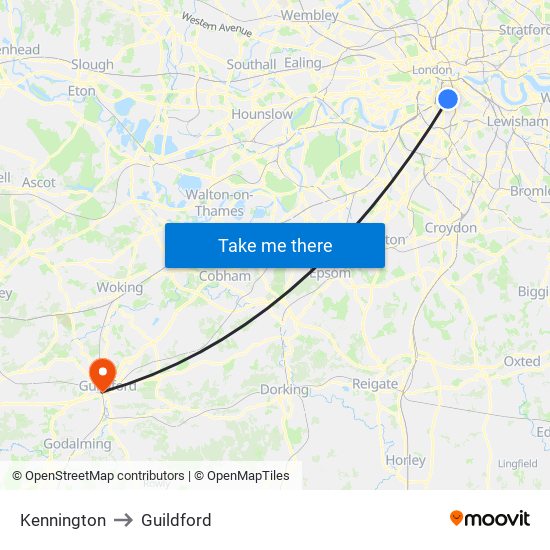 Kennington to Guildford map