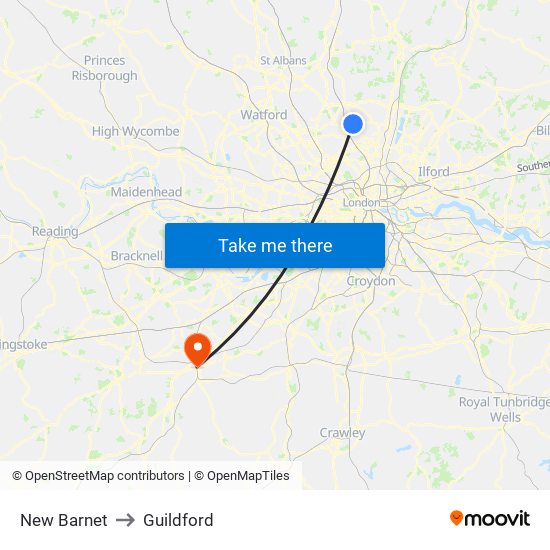 New Barnet to Guildford map