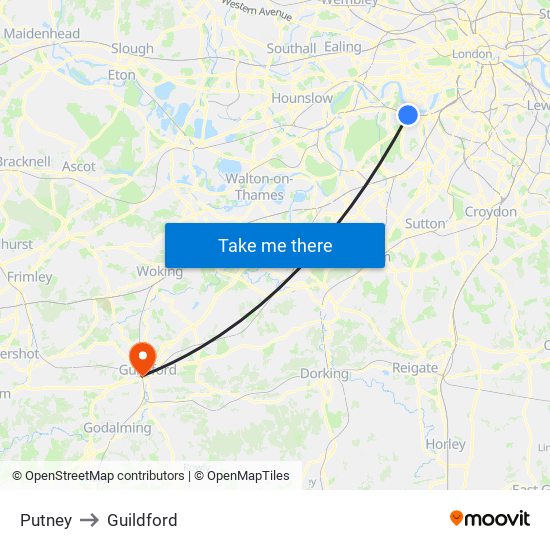 Putney to Guildford map