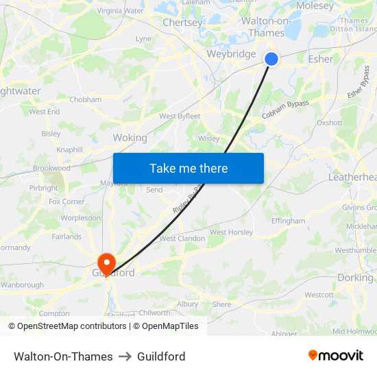 Walton-On-Thames to Guildford map