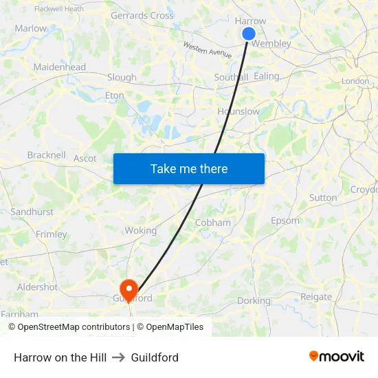 Harrow on the Hill to Guildford map