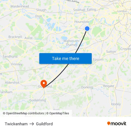 Twickenham to Guildford map