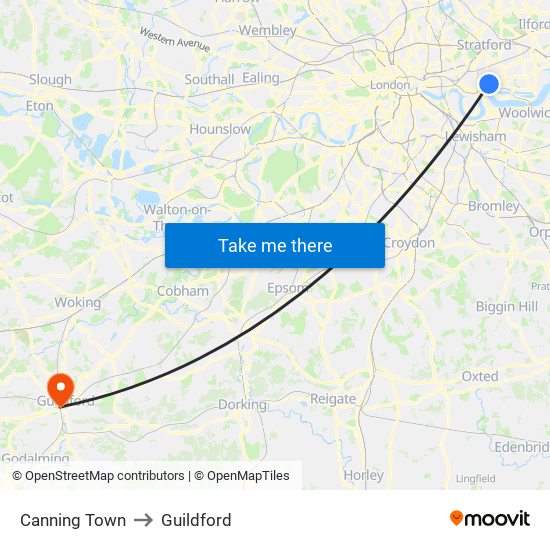 Canning Town to Guildford map