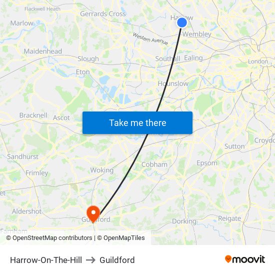 Harrow-On-The-Hill to Guildford map