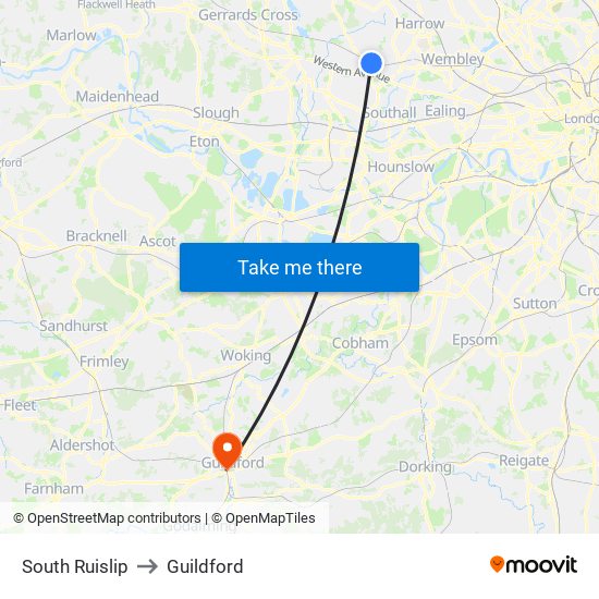 South Ruislip to Guildford map