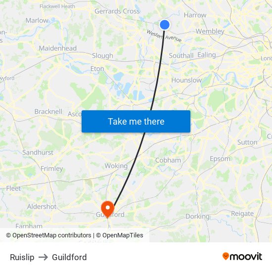 Ruislip to Guildford map