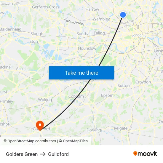 Golders Green to Guildford map