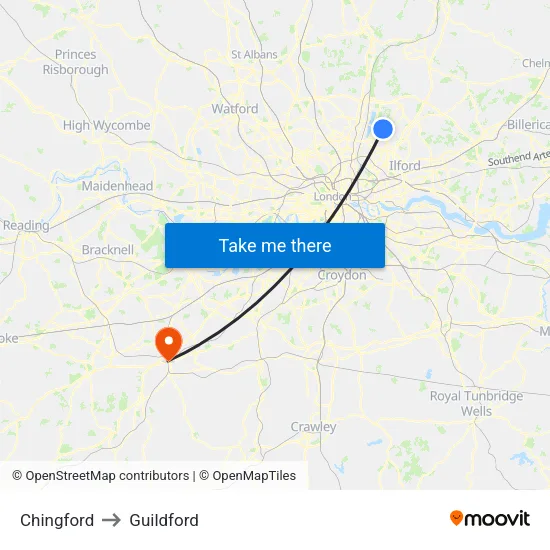 Chingford to Guildford map