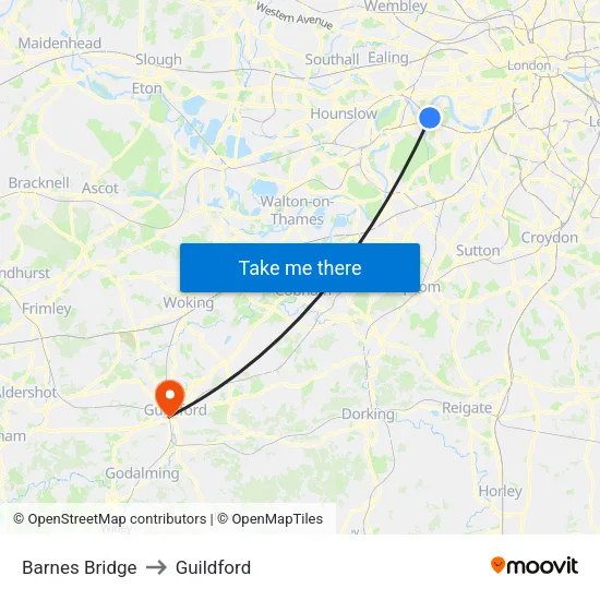 Barnes Bridge to Guildford map