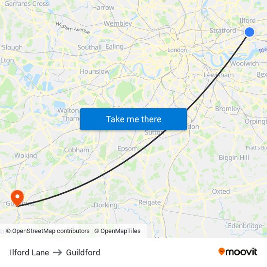 Ilford Lane to Guildford map