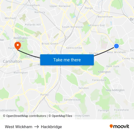 West Wickham to Hackbridge map
