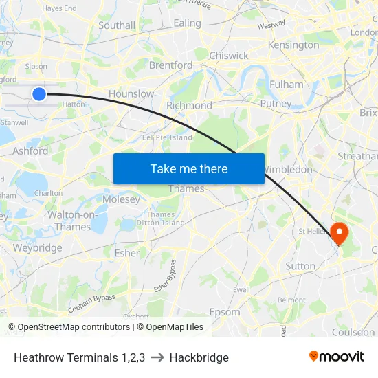 Heathrow Terminals 1,2,3 to Hackbridge map