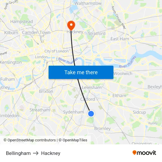 Bellingham to Hackney map