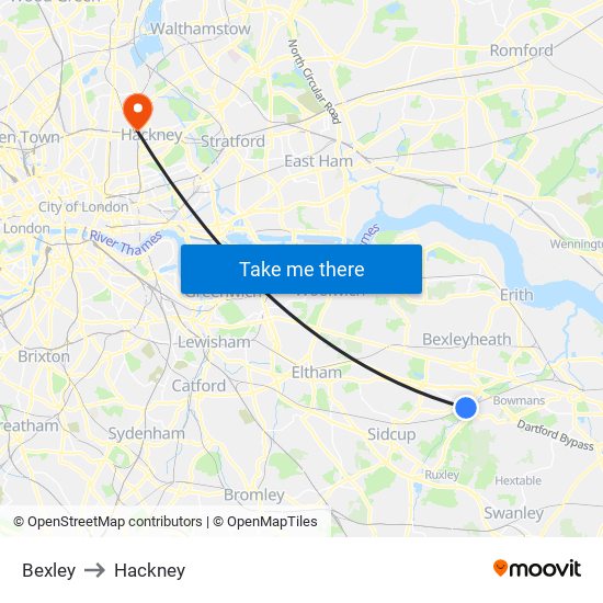 Bexley to Hackney map