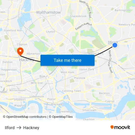 Ilford to Hackney map