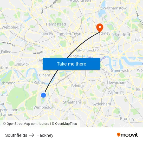 Southfields to Hackney map