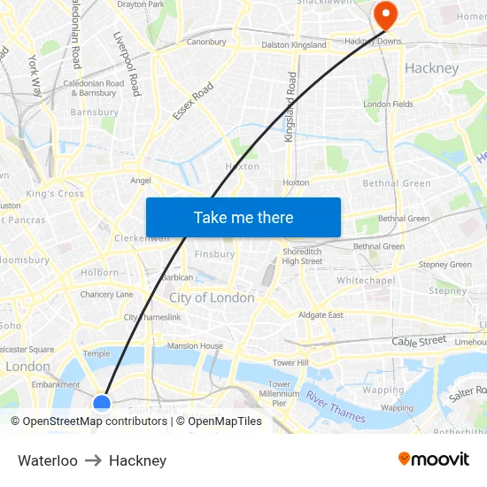 Waterloo to Hackney map