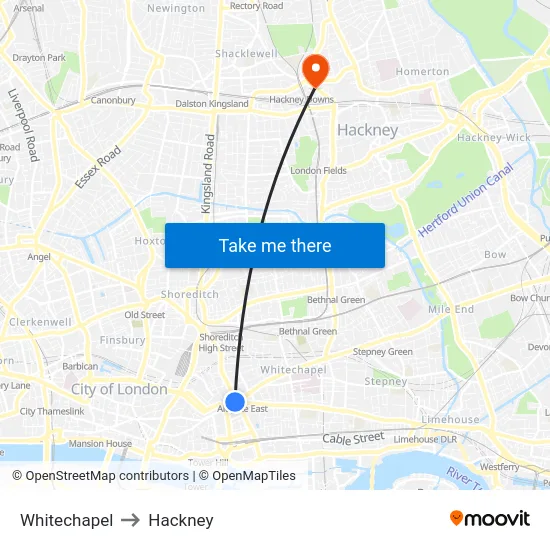 Whitechapel to Hackney map