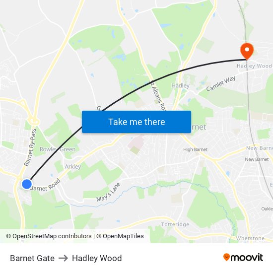 Barnet Gate to Hadley Wood map