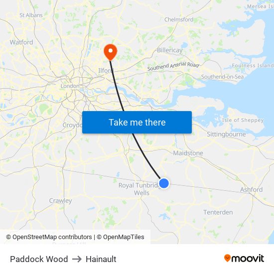 Paddock Wood to Hainault map