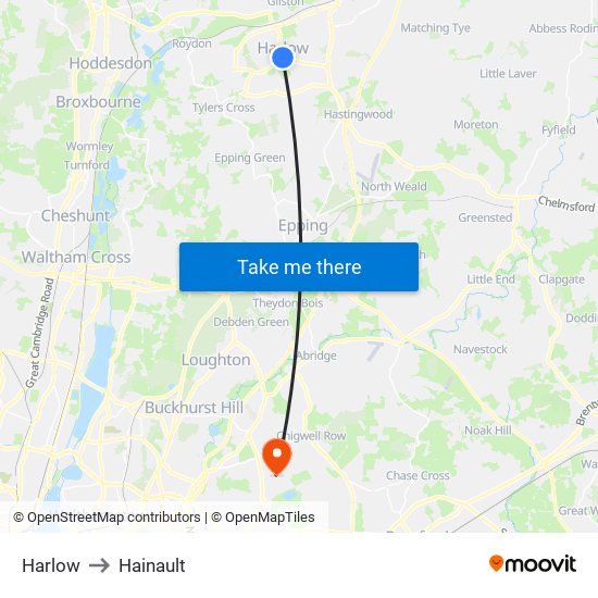 Harlow to Hainault map