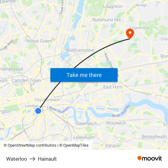 Waterloo to Hainault map