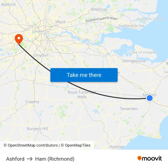 Ashford to Ham (Richmond) map