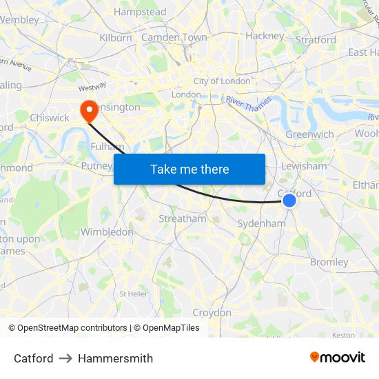 Catford to Hammersmith map