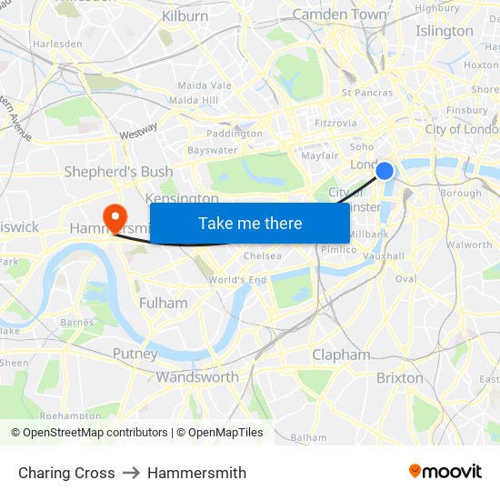 Charing Cross to Hammersmith map