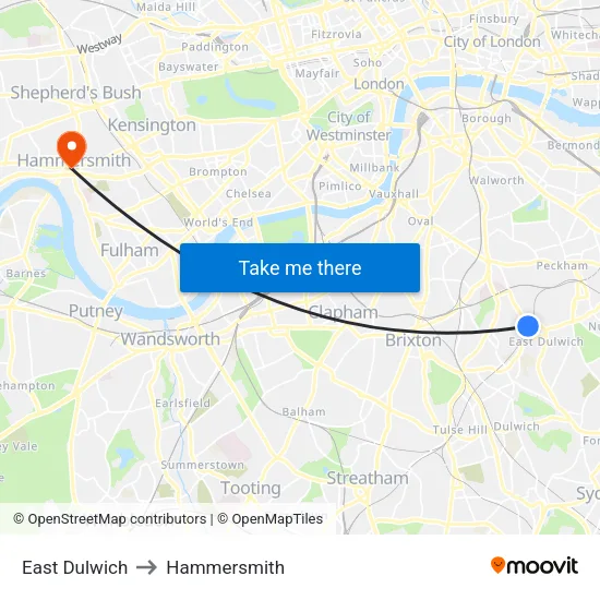 East Dulwich to Hammersmith map