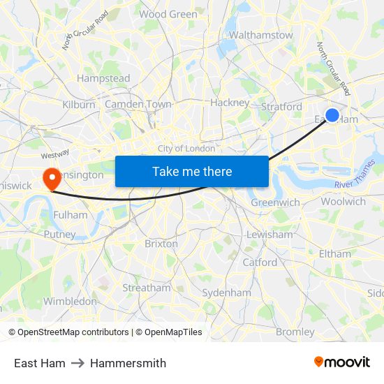 East Ham to Hammersmith map