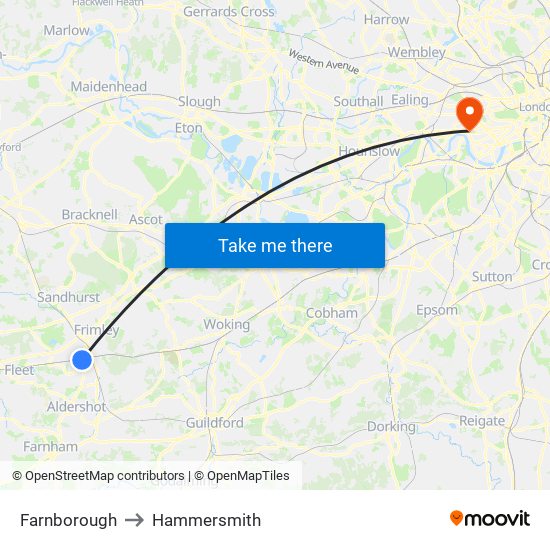 Farnborough to Hammersmith map