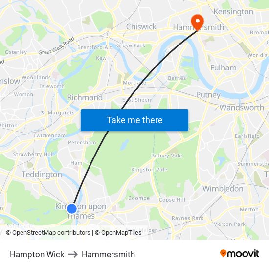 Hampton Wick to Hammersmith map