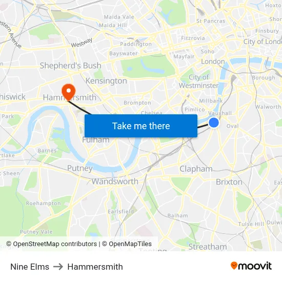 Nine Elms to Hammersmith map