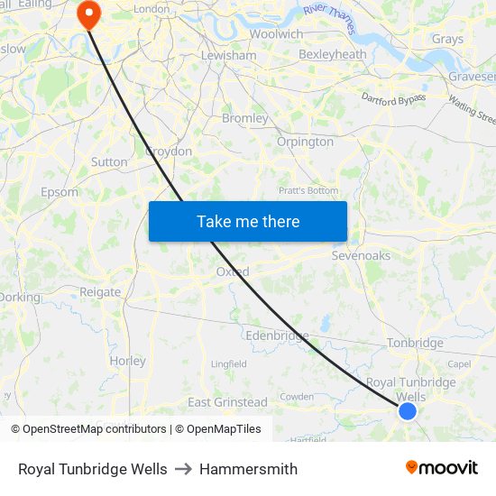 Royal Tunbridge Wells to Hammersmith map