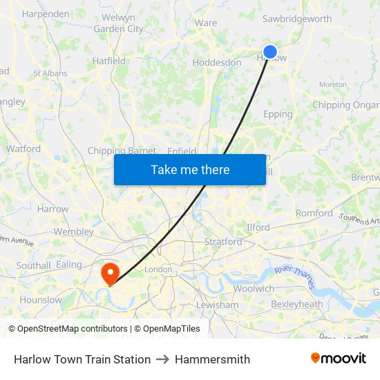 Harlow Town Train Station to Hammersmith map