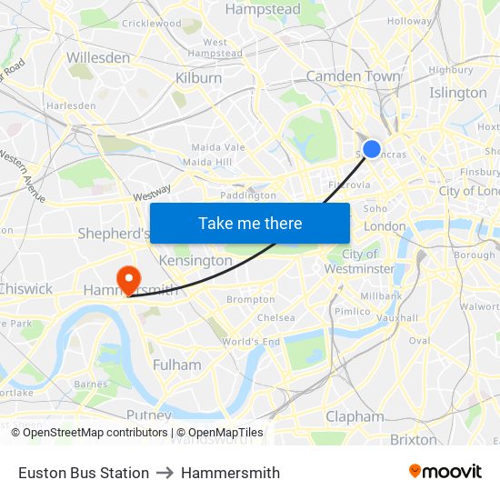 Euston Bus Station to Hammersmith map