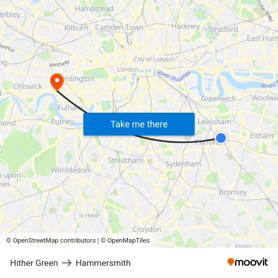 Hither Green to Hammersmith map